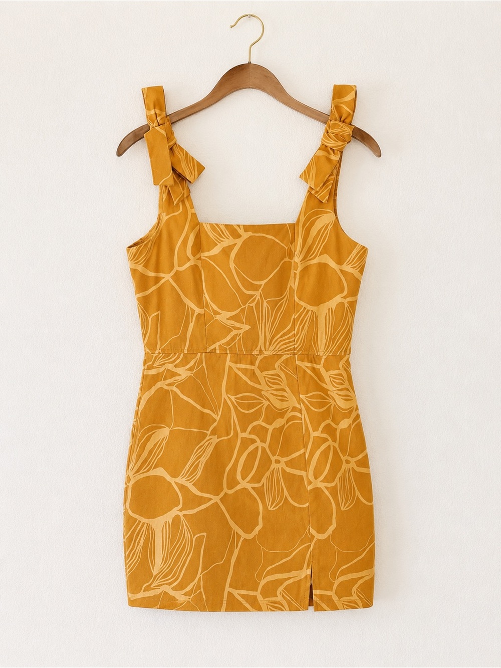 Mustard Floral Tie-Shoulder Mini Dress